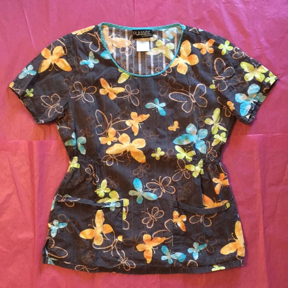 Cherokee Runway Butterflies Scrub Top Size Small